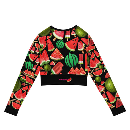 Women's recycled long sleeve crop top with watermelon print, white background, from Eccentric Chemistry's Tiny Shop of T-Shirt Horrors.