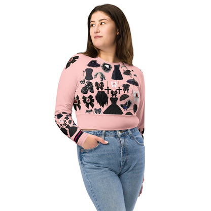 Women's pink recycled long sleeve crop top with gothic gear rebel print, featuring an all-over white gothic design by Eccentric Chemistry.