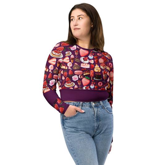 Women's recycled long sleeve crop top by Eccentric Chemistry featuring a sweet strawberry all-over print on white fabric.