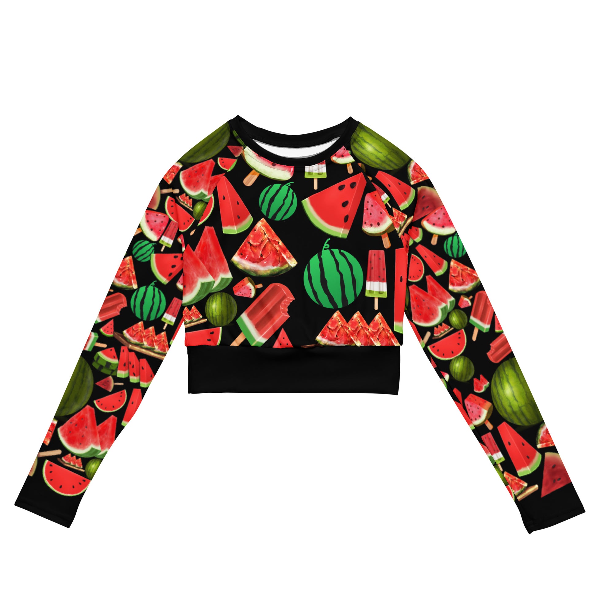 Women's recycled long sleeve crop top with watermelon print from Eccentric Chemistry's Watermelon Mode Experiment collection.