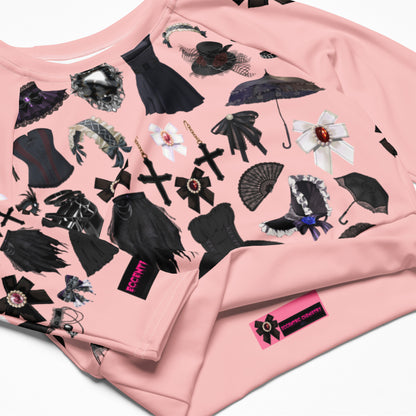 Pink Gothic Gear women's recycled long sleeve crop top with all-over white print, from Eccentric Chemistry's laboratory collection.