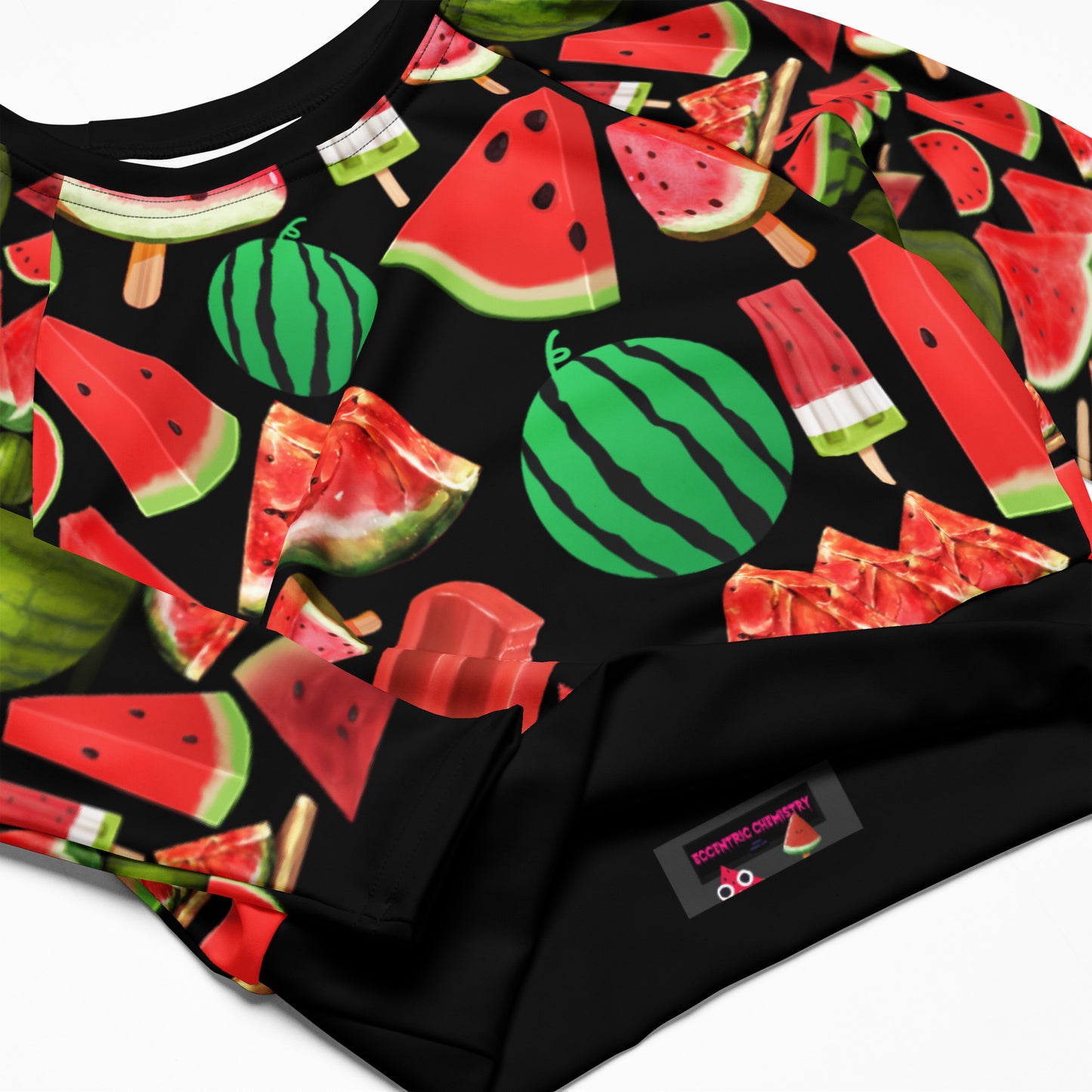 Women's recycled long sleeve crop top with all-over watermelon print, from Eccentric Chemistry's Tiny Shop of T-Shirt Horrors.