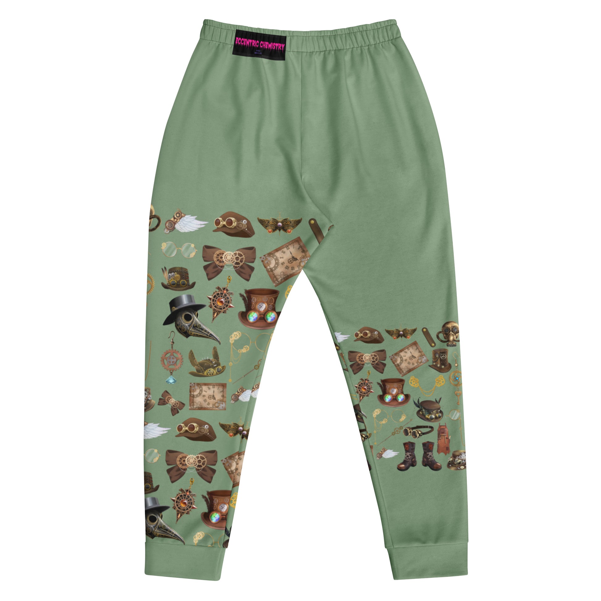 Men’s recycled white joggers with all-over brass circuit experiment print, stylish and eco-friendly casual athletic wear by Eccentric Chemistry.