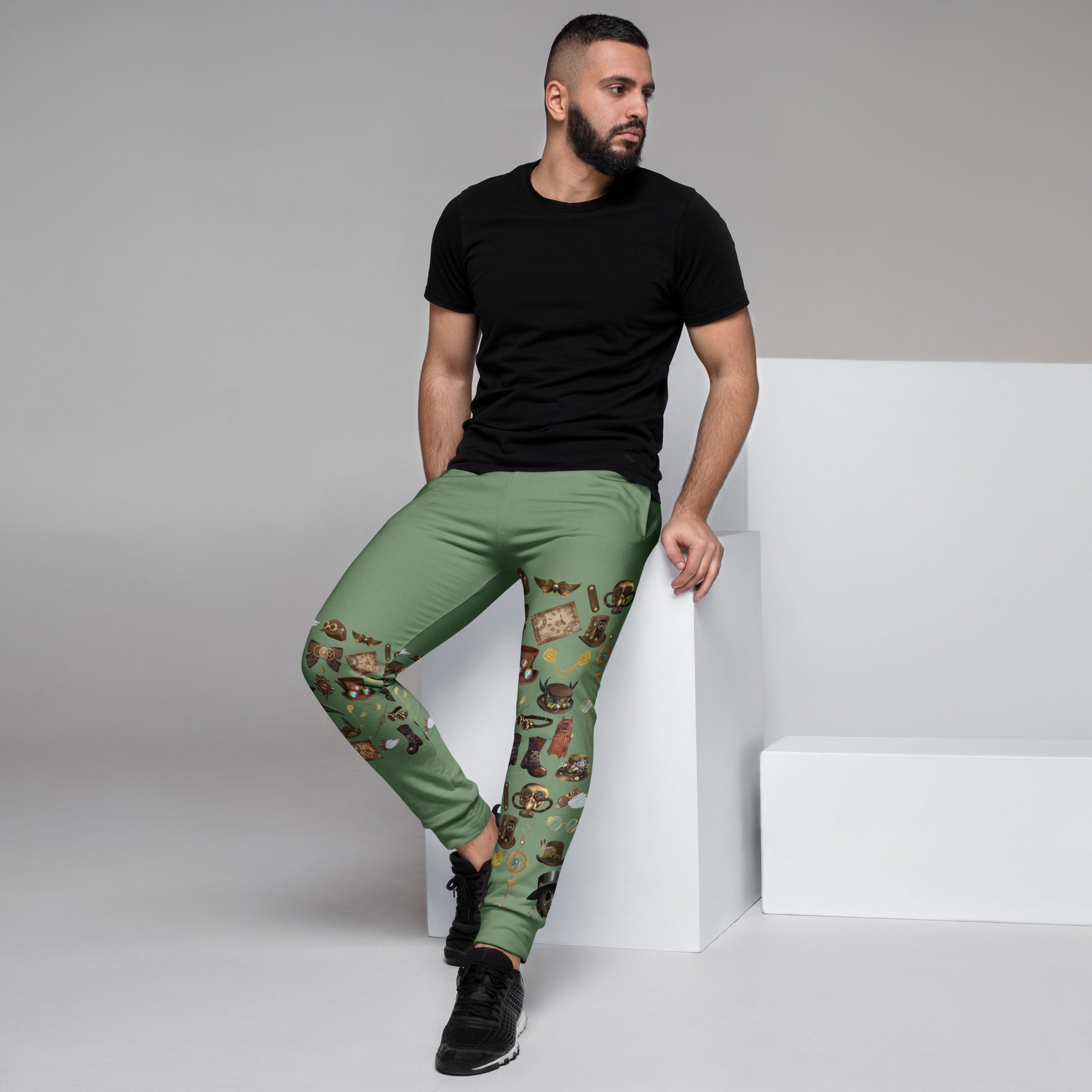 Men’s Brass-Circuit Experiment joggers by Eccentric Chemistry with all-over recycled print on white fabric, casual and stylish.