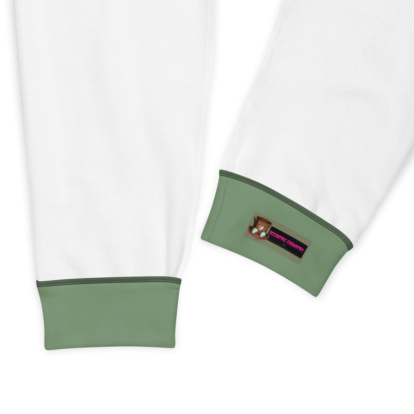 Men’s white recycled fabric joggers with all-over print from Eccentric Chemistry’s Brass-Circuit Experiment collection.