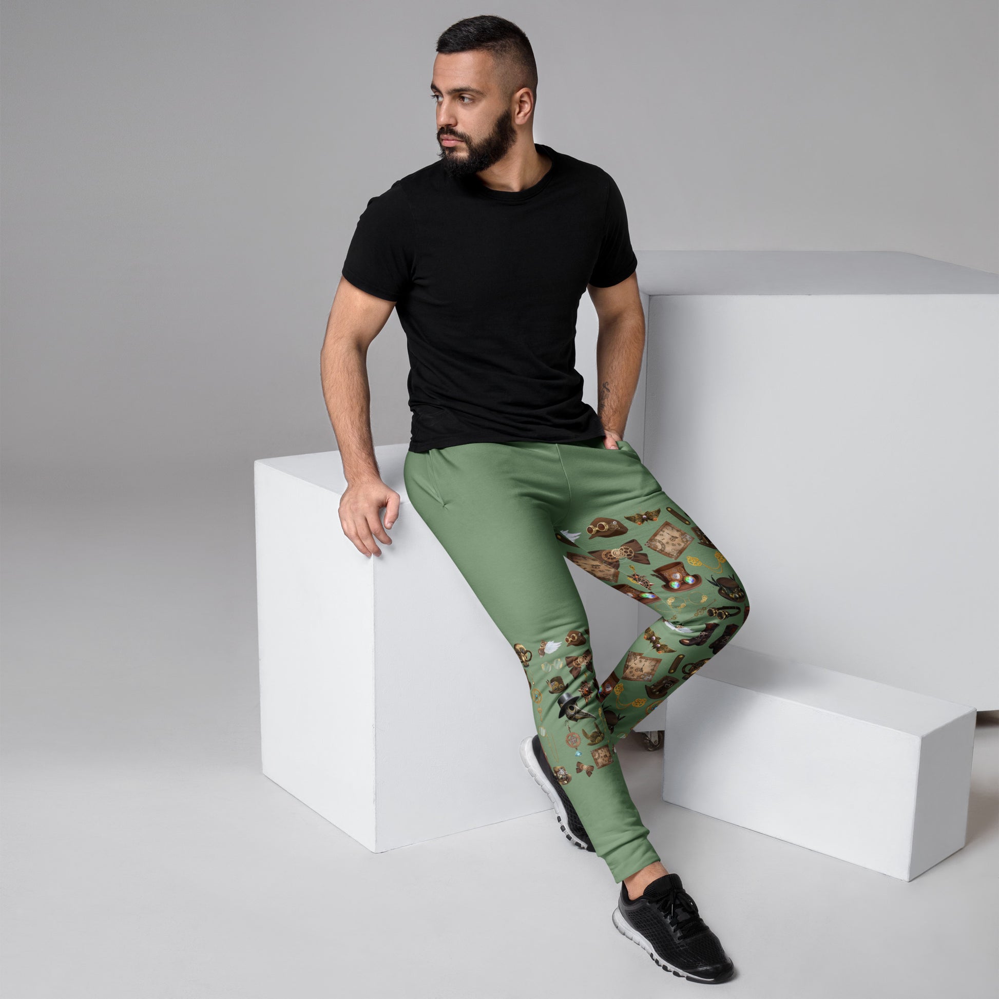 Men’s Brass-Circuit Experiment joggers by Eccentric Chemistry with all-over recycled print, white background, stylish and eco-friendly.