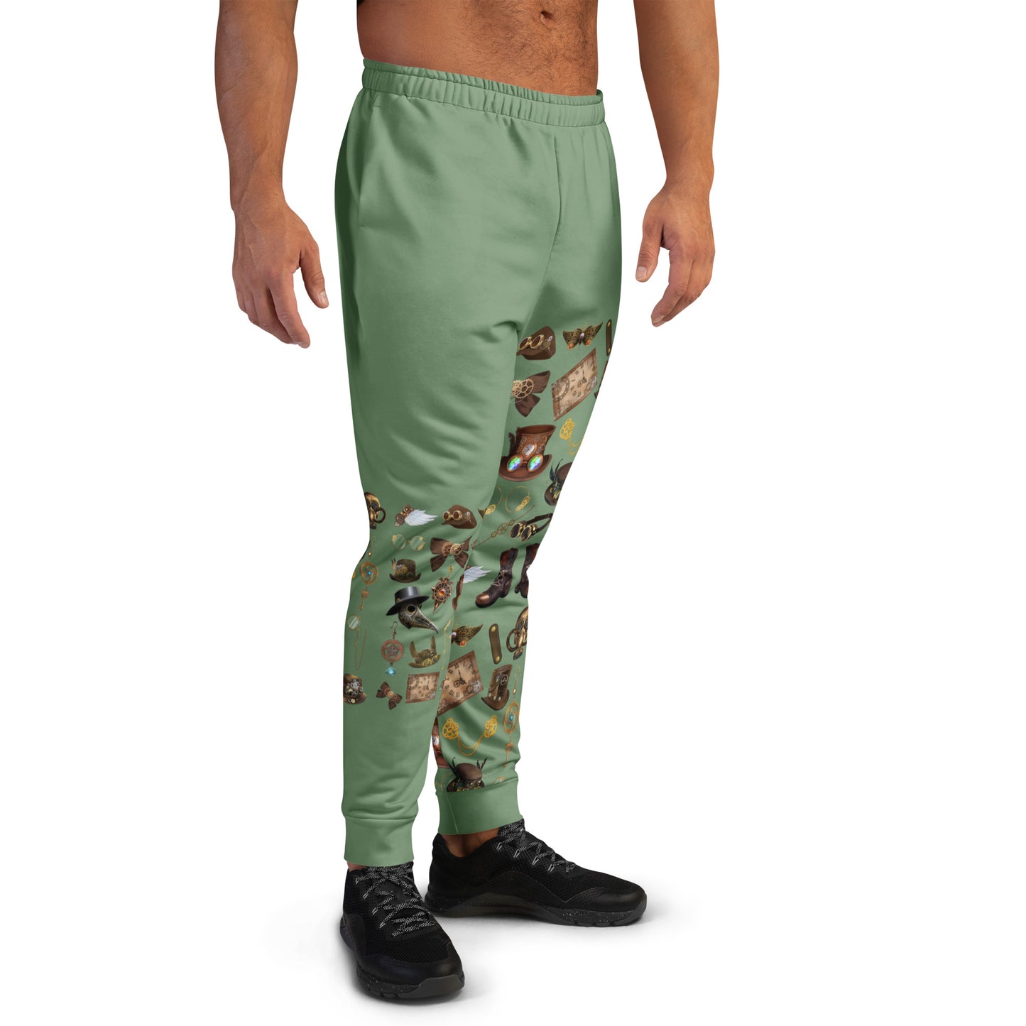 Men’s Brass-Circuit Experiment recycled print joggers by Eccentric Chemistry featuring all-over circuit design on white fabric.
