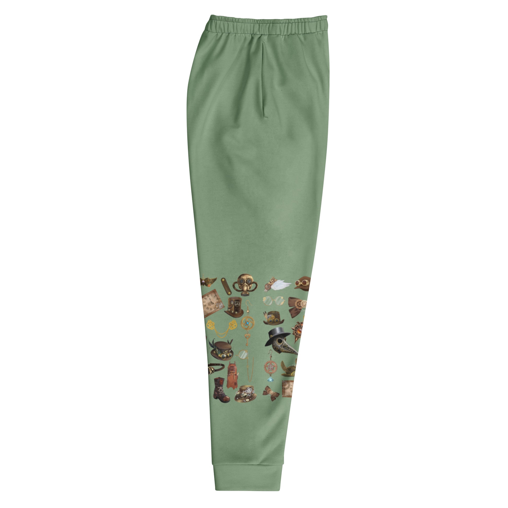 Men’s all-over-print recycled joggers by Eccentric Chemistry featuring a unique brass-circuit experiment design on white fabric.
