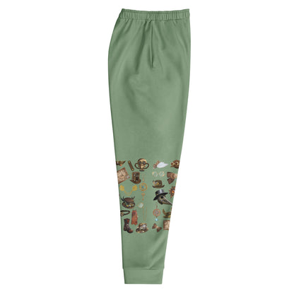 Men’s all-over-print recycled joggers by Eccentric Chemistry featuring a unique brass-circuit experiment design on white fabric.
