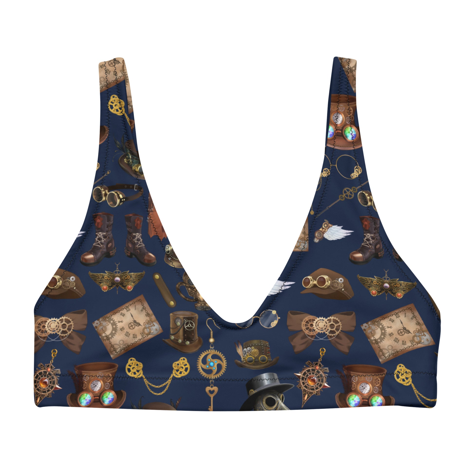 Recycled padded bikini top with all-over white print from Solar-Gear Shoreline collection by Eccentric Chemistry.