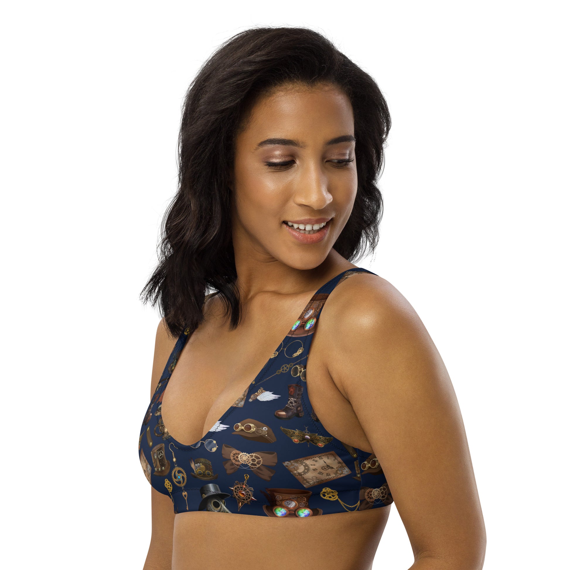 Recycled padded bikini top with all-over print from Solar-Gear Shoreline collection by Eccentric Chemistry, front view.