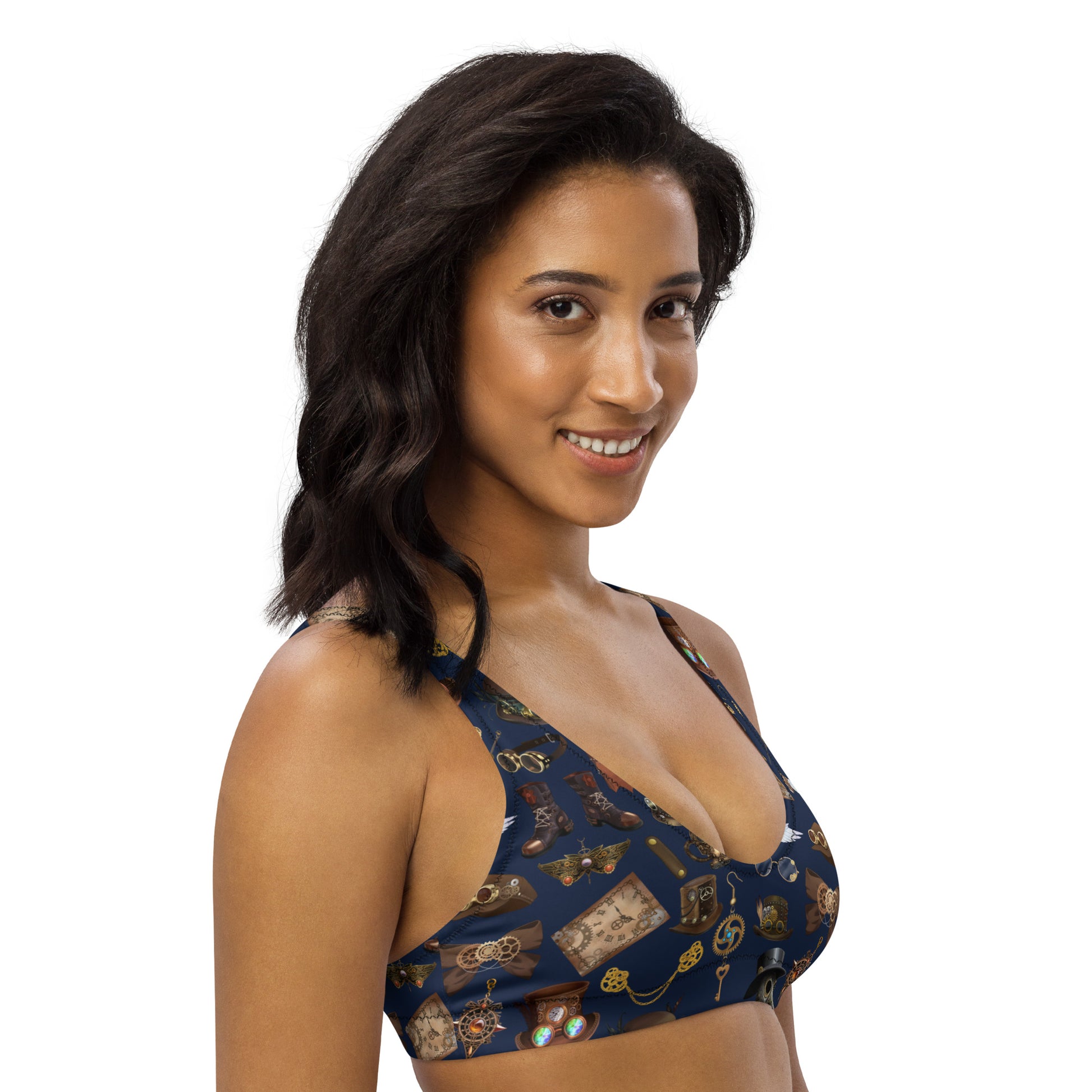 Recycled padded bikini top with all-over print in white, from Solar‑Gear Shoreline collection by Eccentric Chemistry.