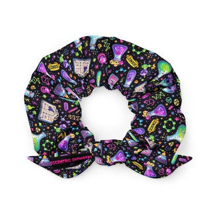 Recycled white scrunchie with all-over print from Eccentric Chemistry’s Laboratory of Strange & Stylish Things, featuring ionic lift coil design.