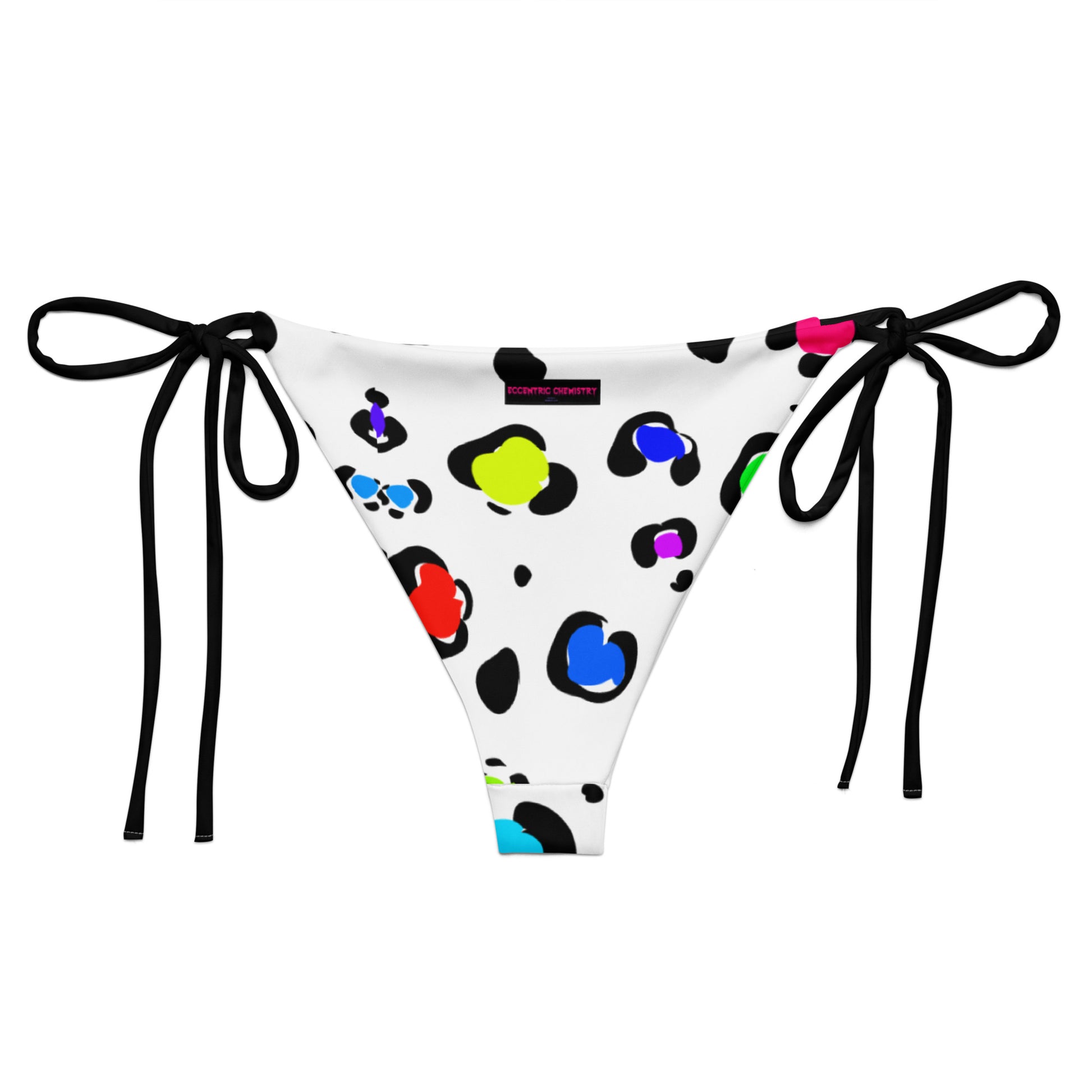 Recycled string bikini bottom with leopard print by Eccentric Chemistry, featuring all-over white and stylish design.
