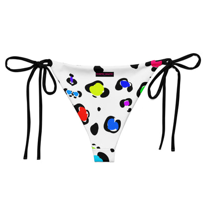 Recycled string bikini bottom with leopard print by Eccentric Chemistry, featuring all-over white and stylish design.