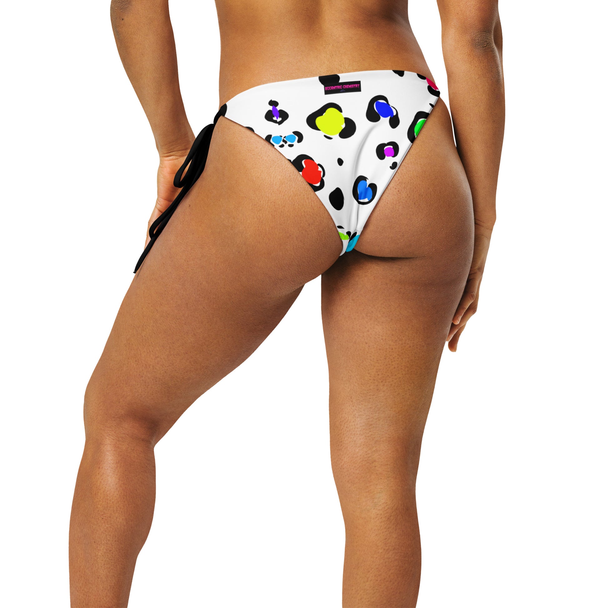 Eccentric Chemistry leopard-print recycled string bikini bottom with white back, cut-sew style, stylish swimwear for women.