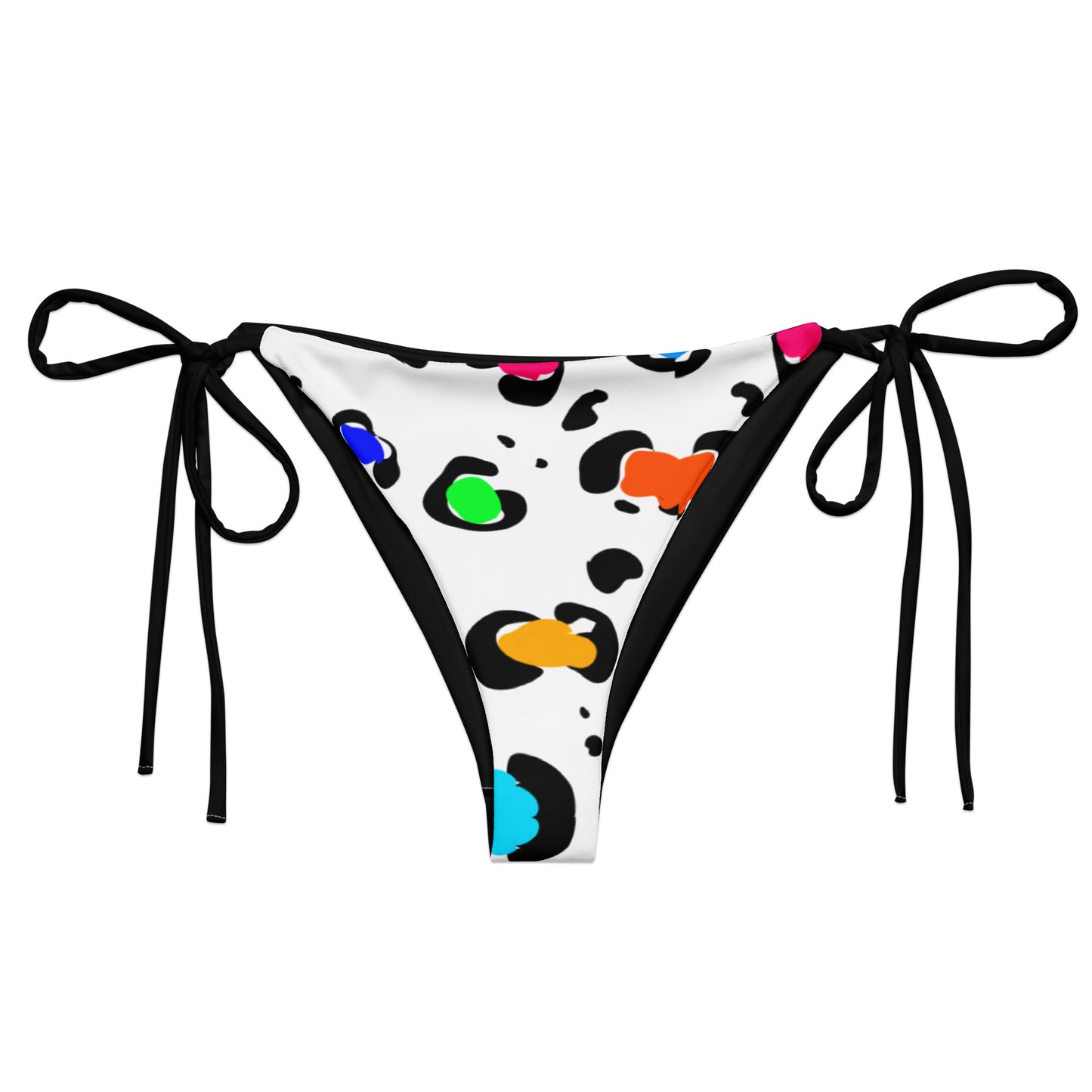 Recycled string bikini bottom with leopard print from Eccentric Chemistry's Laboratory of Strange & Stylish Things, shown from the front.