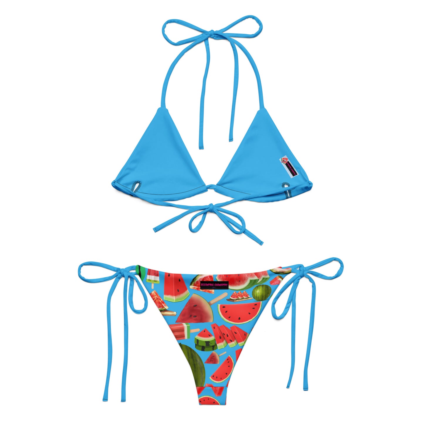 Recycled String Bikini in Cool Melon Splash print with all-over white design, from Eccentric Chemistry's Tiny Shop of T-Shirt Horrors.