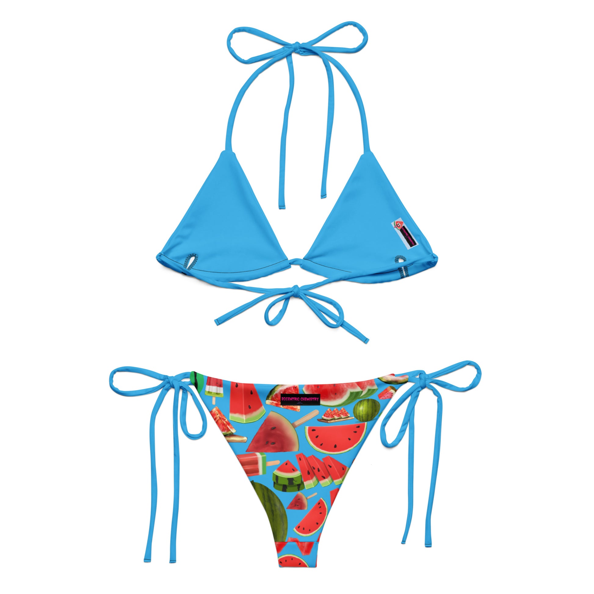 Recycled String Bikini in Cool Melon Splash print with all-over white design, from Eccentric Chemistry's Tiny Shop of T-Shirt Horrors.