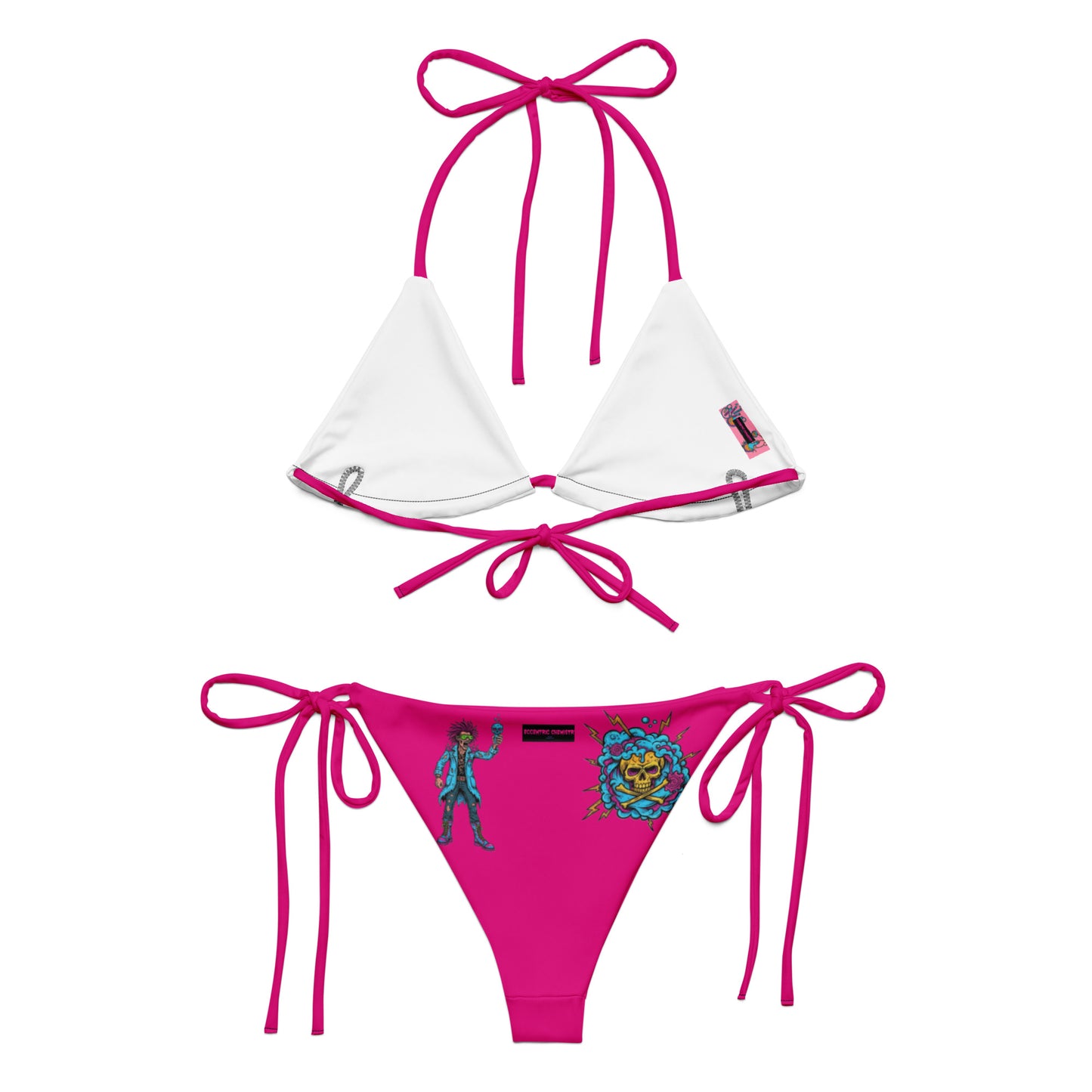 Recycled String Bikini by Mad-Science Neon Fusion Experiment featuring all-over print in white, designed by Eccentric Chemistry.