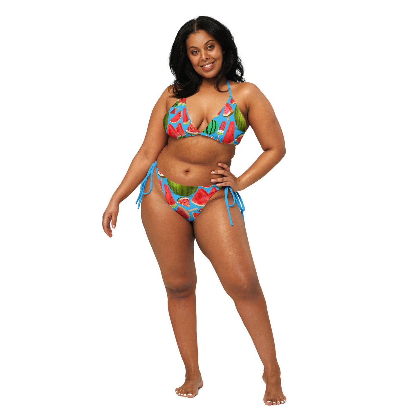 Recycled string bikini with cool melon splash print, white all-over design, crafted by Eccentric Chemistry's Tiny Shop of T-Shirt Horrors.