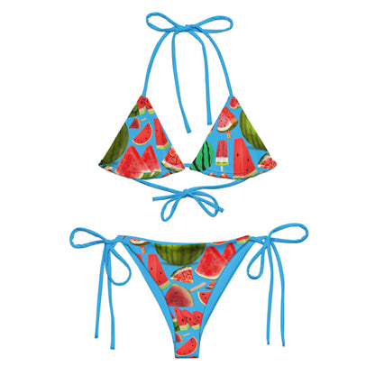 Recycled String Bikini in Cool Melon Splash print from Eccentric Chemistry, front view showing all-over colorful design.