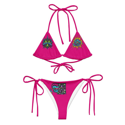 Recycled string bikini with neon fusion print by Eccentric Chemistry, featuring all-over colorful science-inspired design on white background.