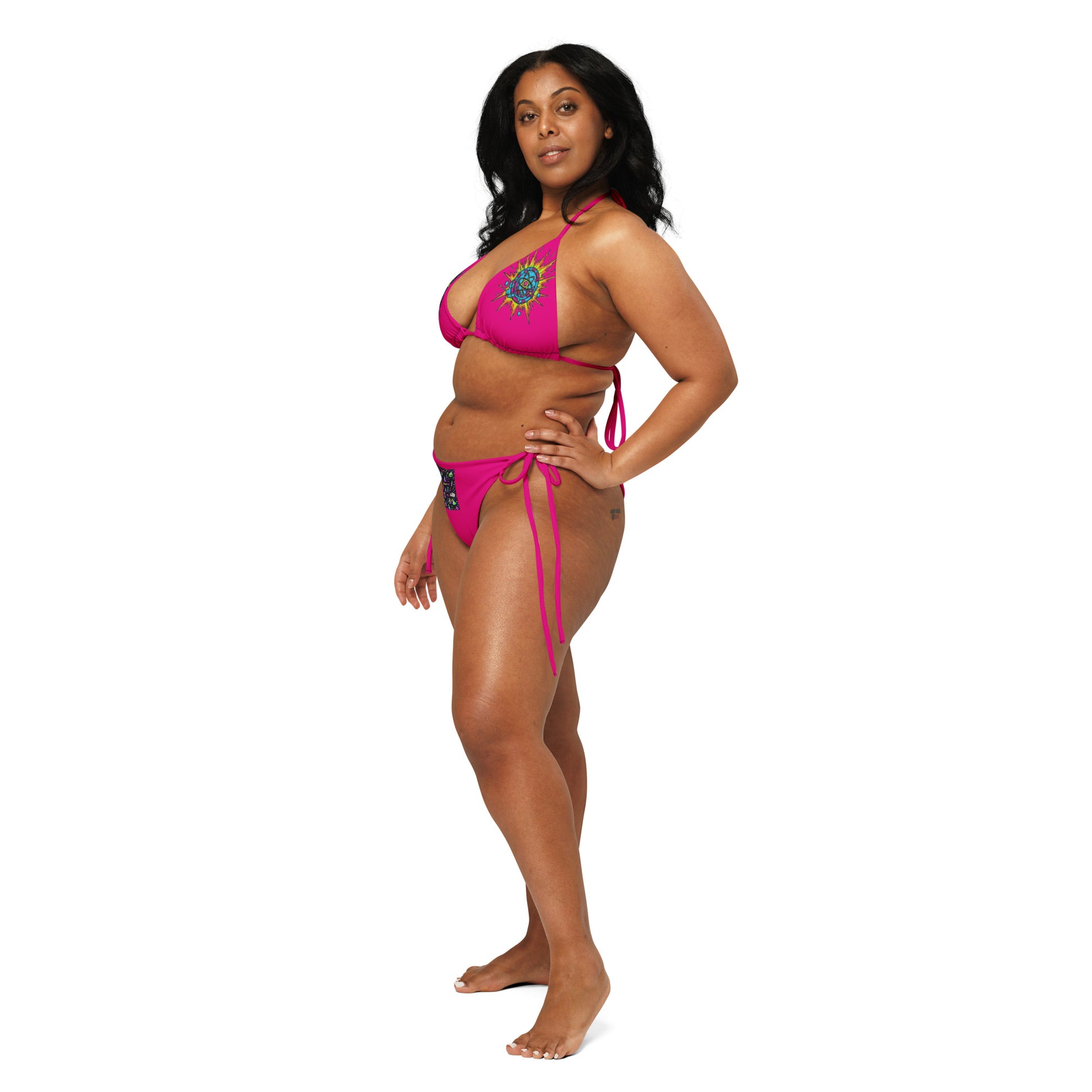 Recycled string bikini with neon fusion experiment design, all-over print, white background, from Mad‑Science Neon Fusion collection.
