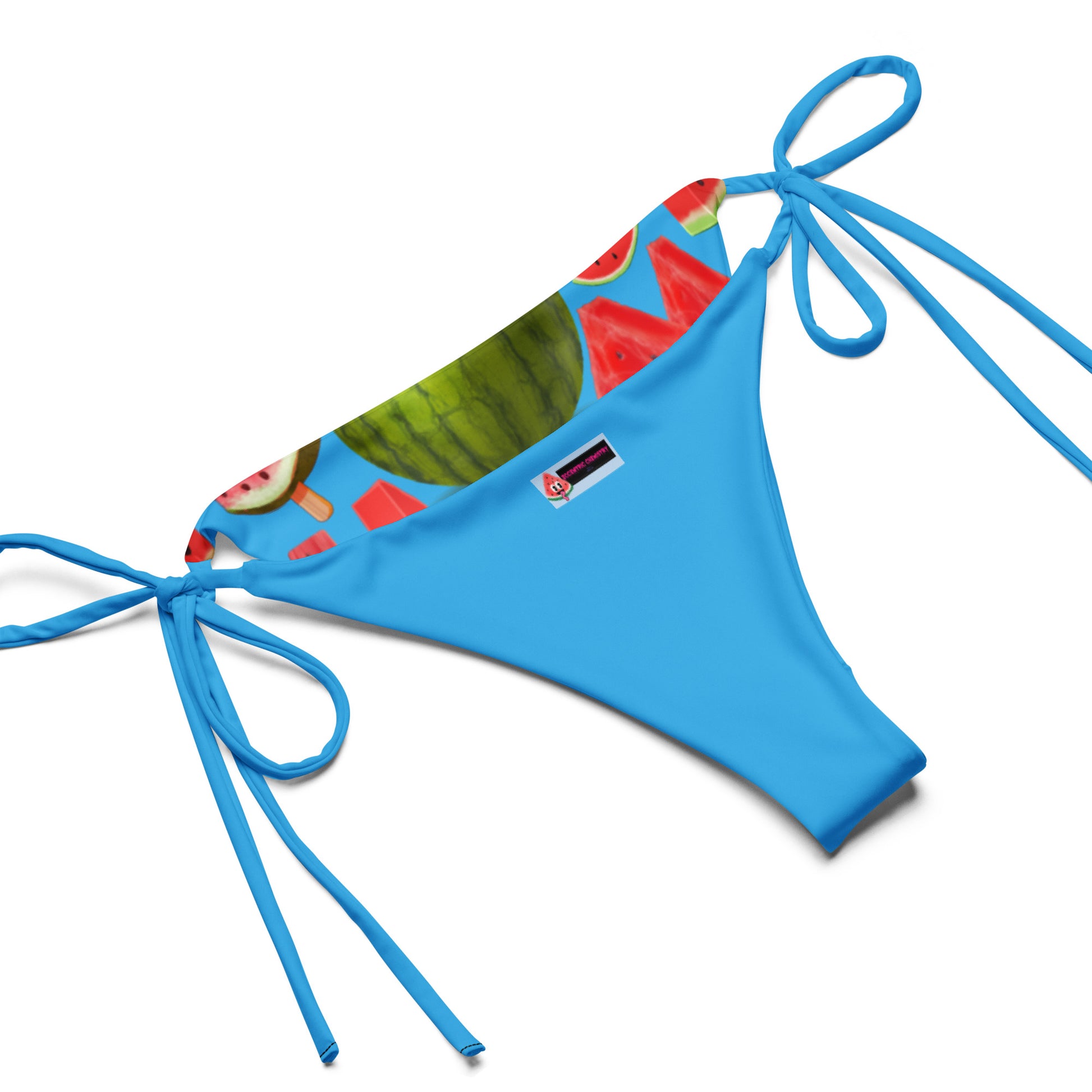 Recycled string bikini with Cool Melon Splash print by Eccentric Chemistry, featuring all-over colorful watermelon design.
