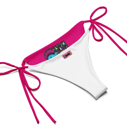 Recycled string bikini by Mad‑Science Neon Fusion Experiment featuring all-over print in white with vibrant design details.