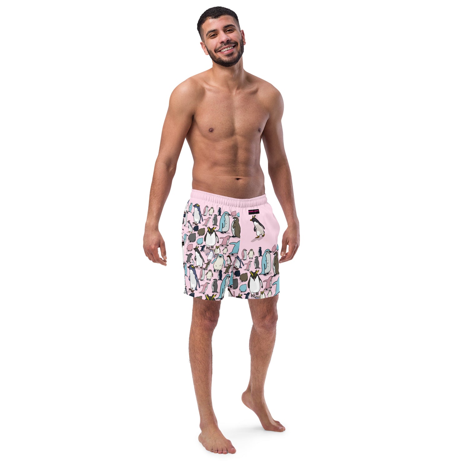 Men's Penguin Chillwave Experiment swim trunks featuring all-over print in recycled fabric, with a vibrant, stylish design.