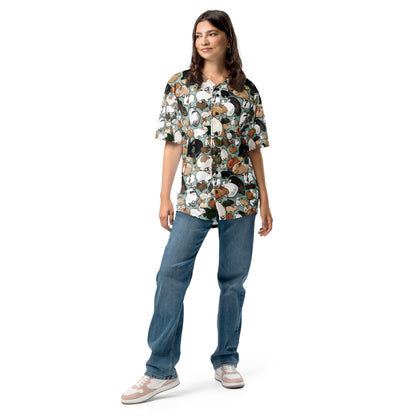 Unisex recycled baseball jersey with all-over print featuring colorful chemical experiment designs, from Eccentric Chemistry’s Laboratory.