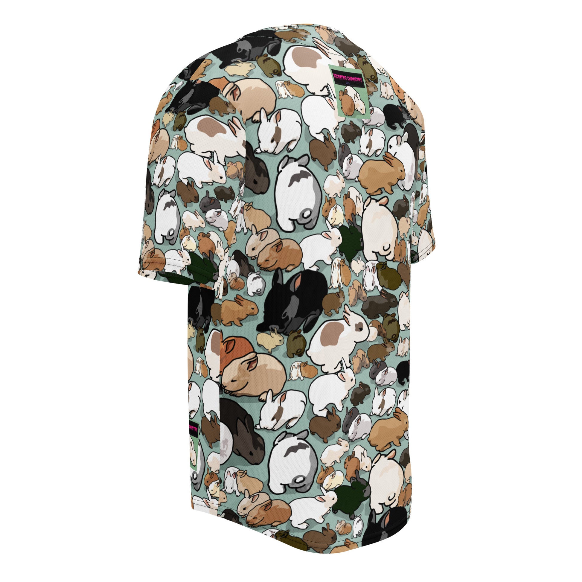 Recycled white unisex baseball jersey with all-over print inspired by Eccentric Chemistry’s Two-Hop Reactor Experiment design.