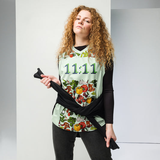 Recycled white unisex basketball jersey with colorful Pepper-Power Fusion Matrix design, by Eccentric Chemistry Laboratory.