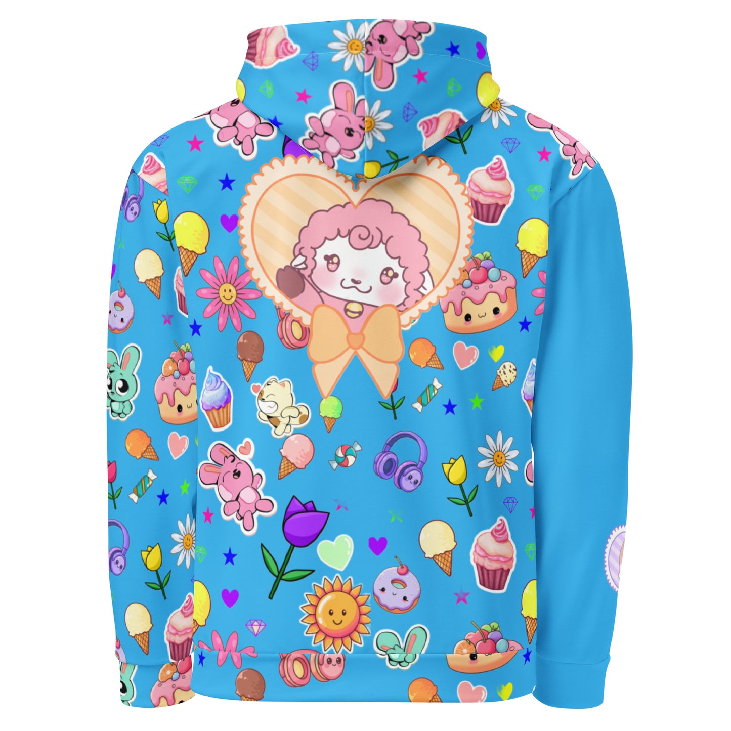 Unisex Frosted Critter Delight Hoodie with all-over recycled print, white background, featuring colorful critter illustrations.