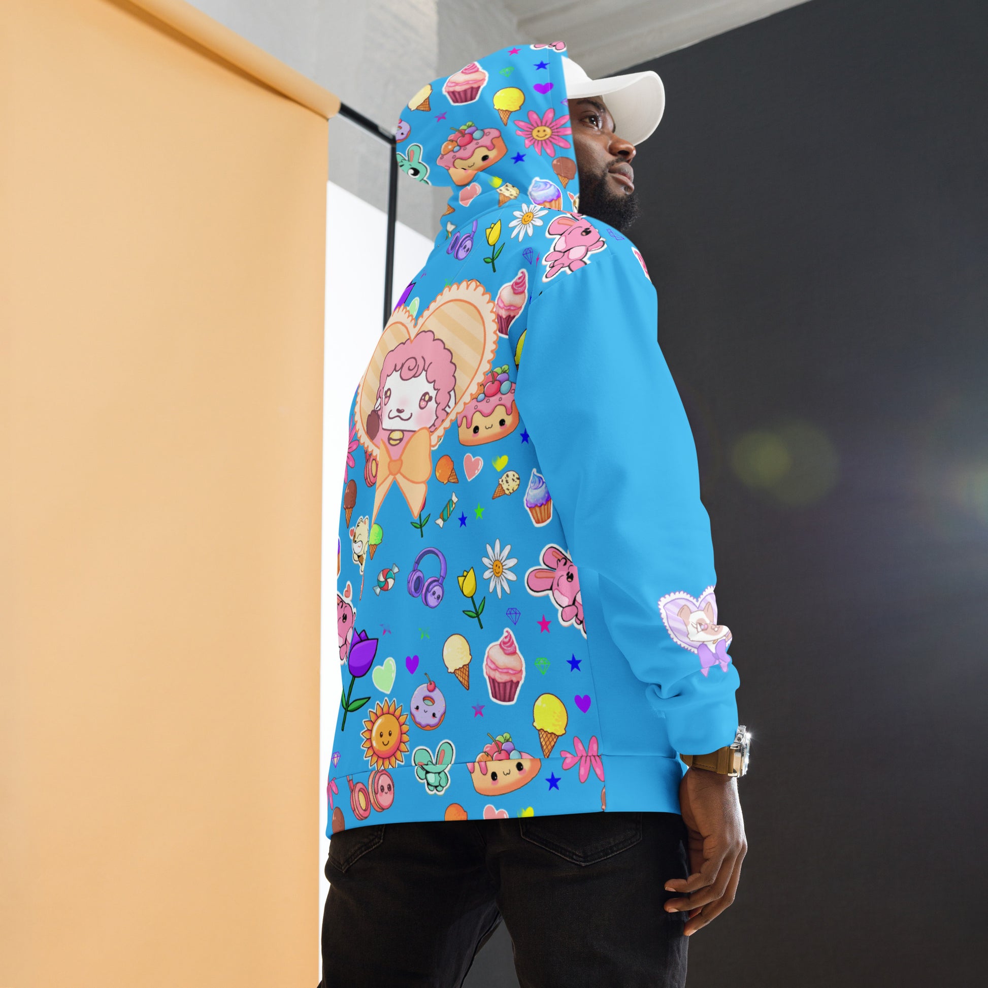 Unisex Frosted Critter Delight Hoodie by Eccentric Chemistry featuring all-over print on white recycled fabric.