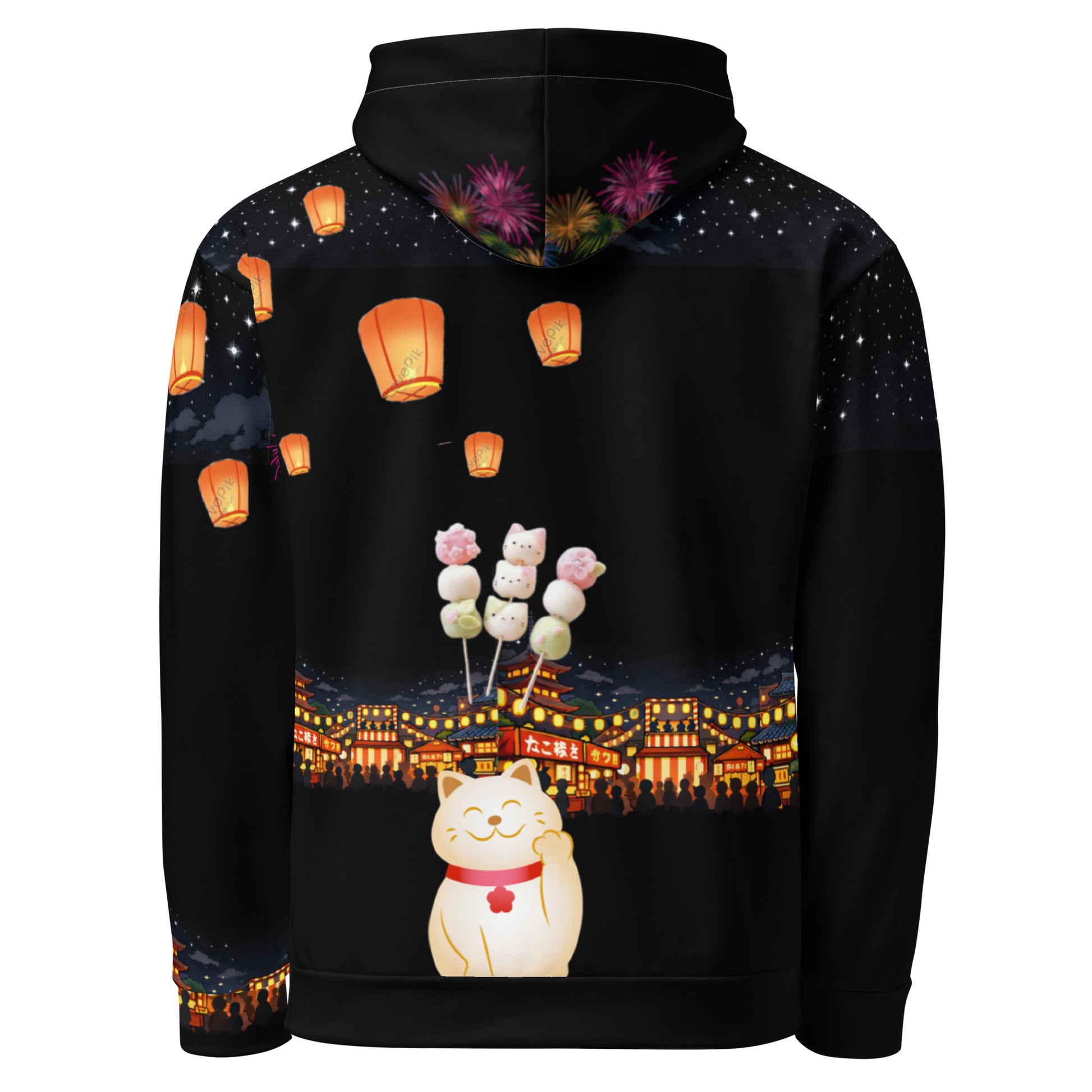 Unisex Festival Cat Field Hoodie by Eccentric Chemistry featuring all-over printed recycled fabric and a white back design.