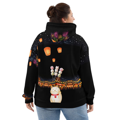 Unisex Festival Cat Field Hoodie by Eccentric Chemistry featuring all-over recycled print with a white back design.