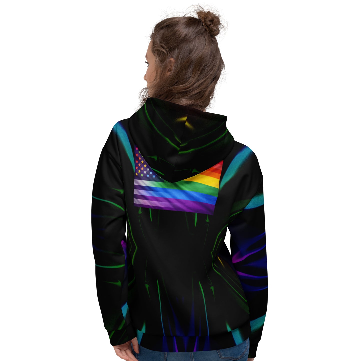 Unisex Pride-Core Truth Resonator hoodie with all-over print in recycled white fabric, featuring bold, colorful graphic design.