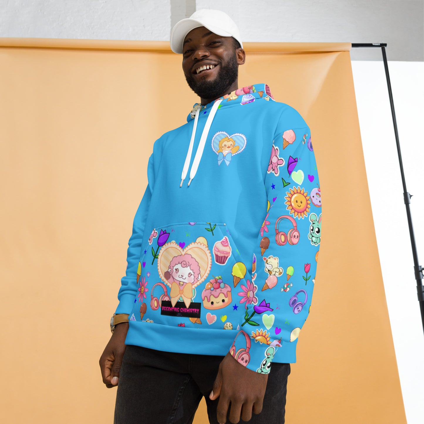 Unisex Frosted Critter Delight Hoodie with all-over print featuring colorful critters, made from recycled materials, white front view.