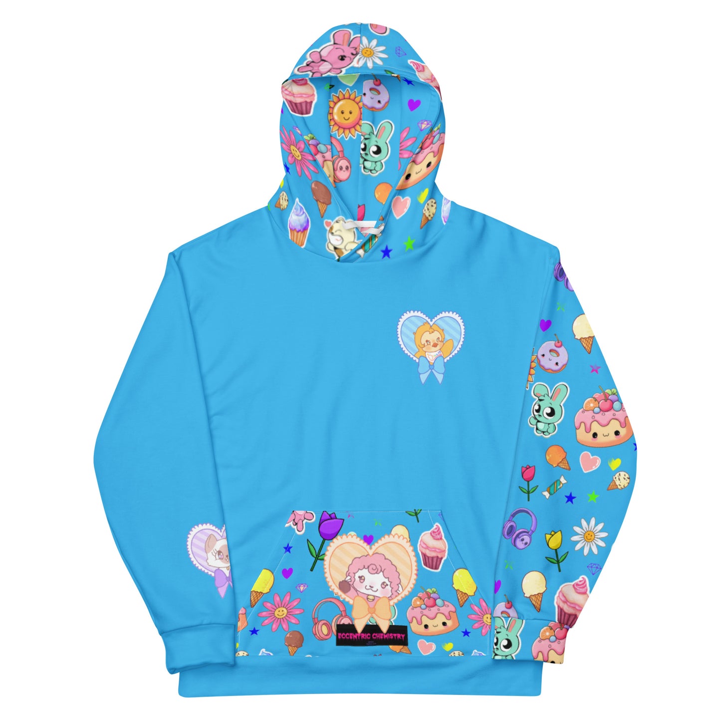 Unisex white hoodie with all-over print featuring colorful critter designs by Eccentric Chemistry's Tiny Shop of T-Shirt Horrors