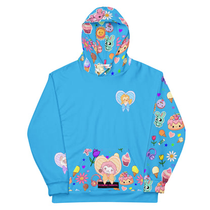 Unisex white hoodie with all-over print featuring colorful critter designs by Eccentric Chemistry's Tiny Shop of T-Shirt Horrors