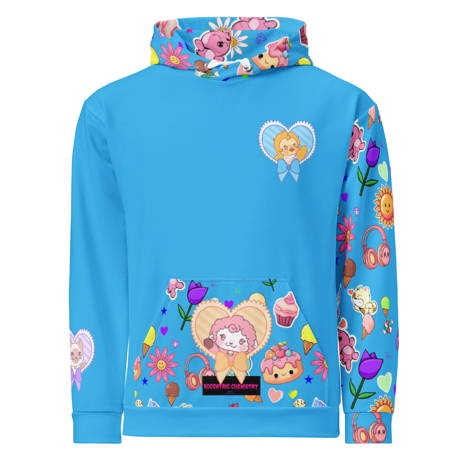 All-over white unisex hoodie with frosted critter print from Eccentric Chemistry's Tiny Shop of T-Shirt Horrors, featuring colorful, detailed design.