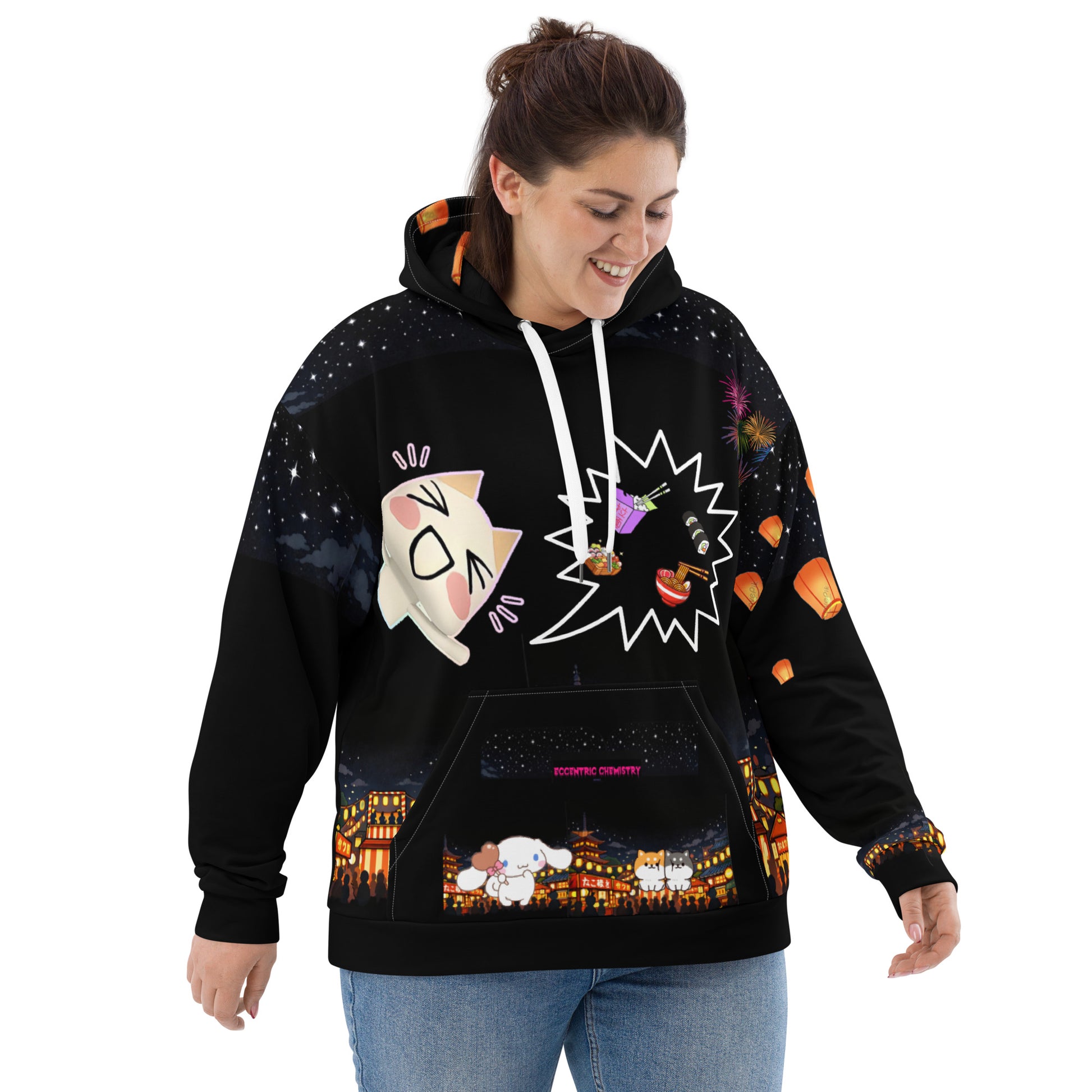 Unisex Festival Cat Field Hoodie by Eccentric Chemistry featuring all-over psychedelic cat print on white recycled fabric.