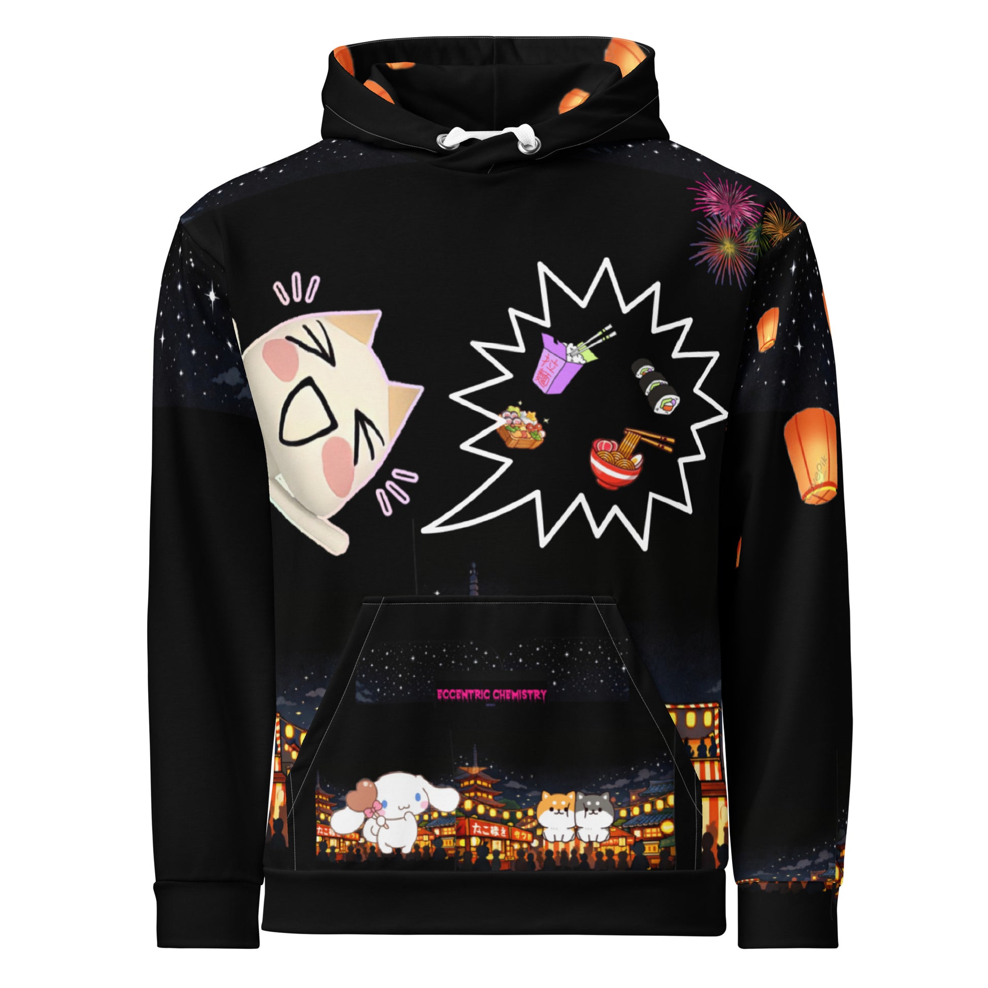 Unisex Festival Cat Field Hoodie with all-over print in white from Eccentric Chemistry's Tiny Shop of T-Shirt Horrors
