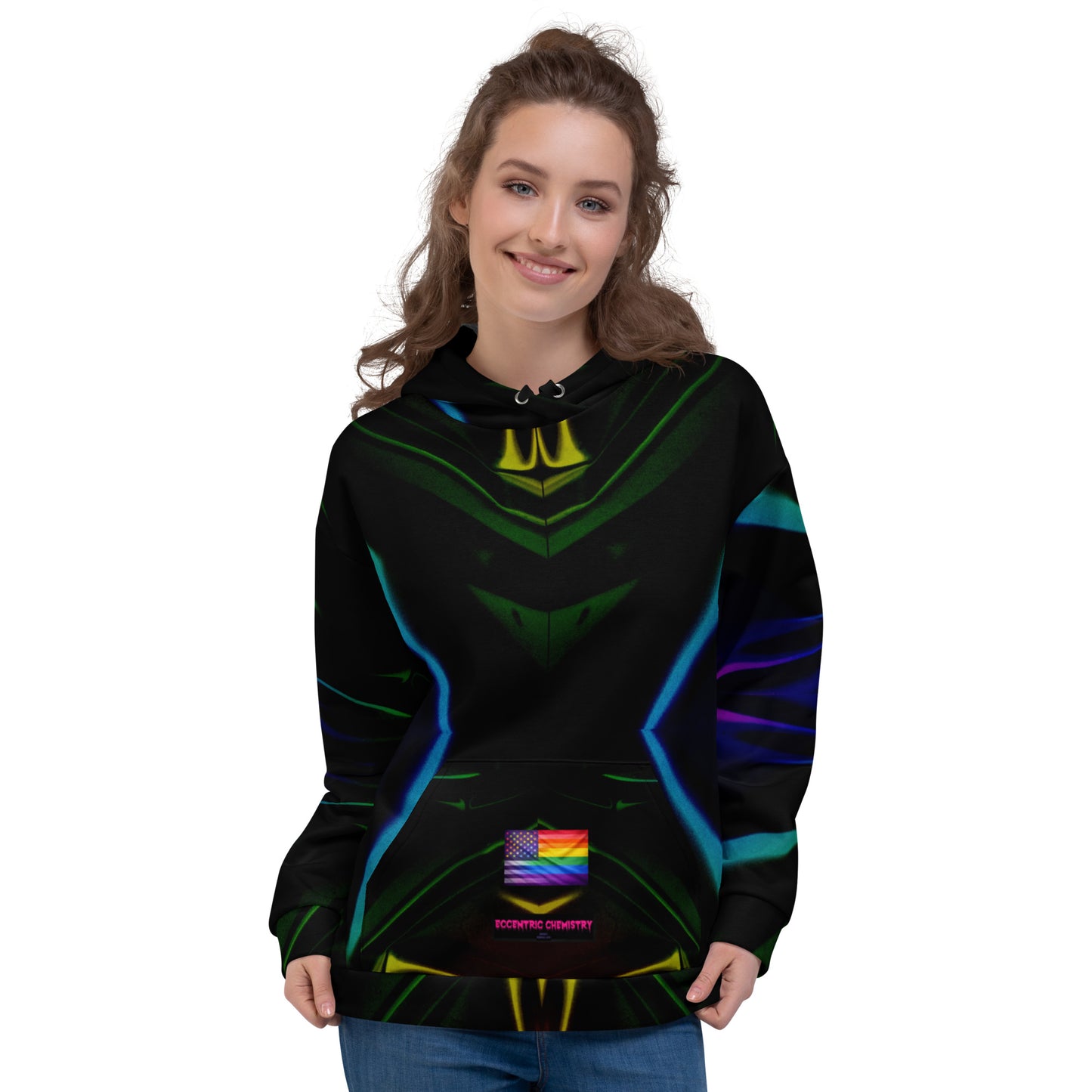White unisex Pride‑Core Truth Resonator hoodie with all-over print, by Eccentric Chemistry, showcasing bold, colorful design on the front.