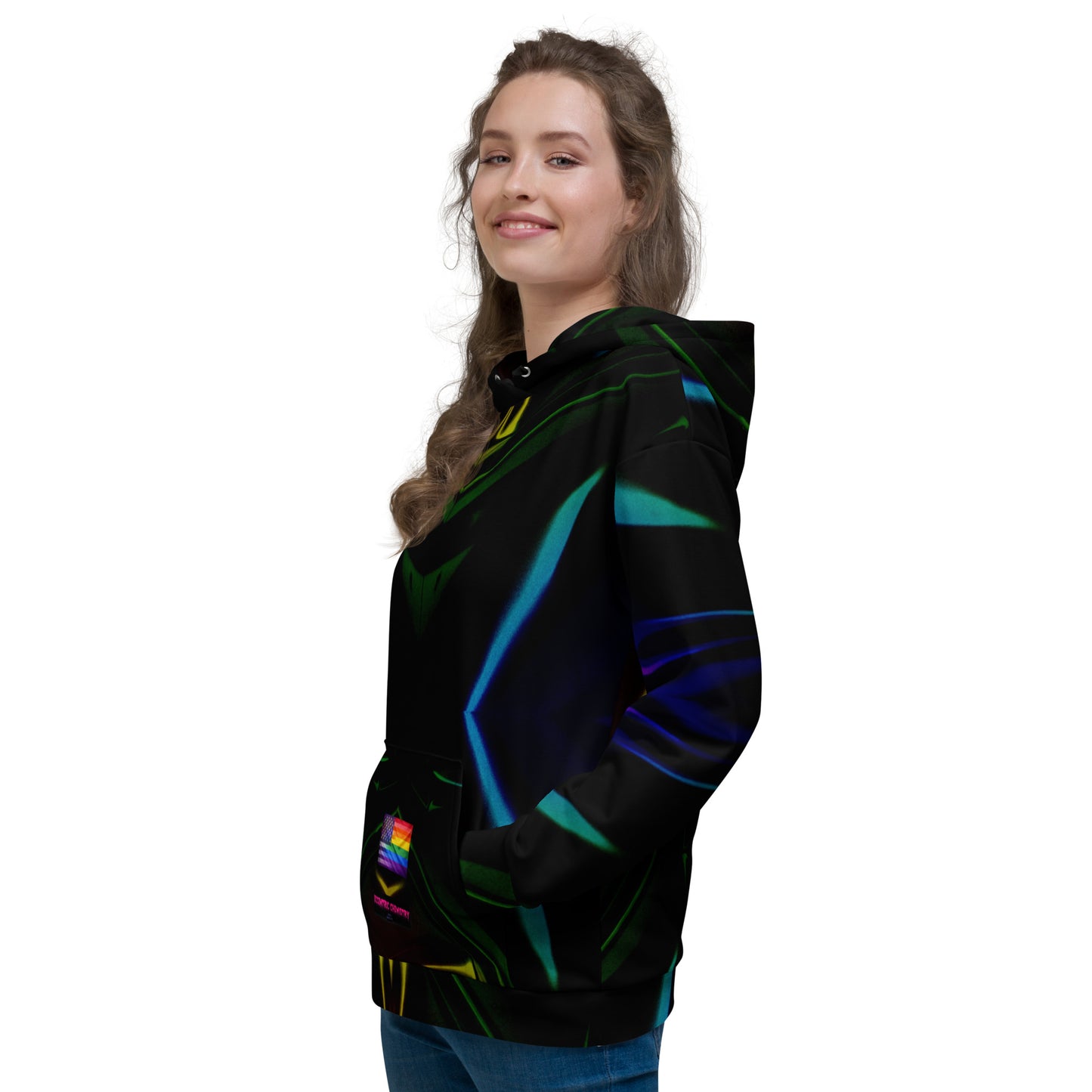 White unisex Pride-Core Truth Resonator hoodie with all-over recycled print, showcasing bold, colorful design elements.