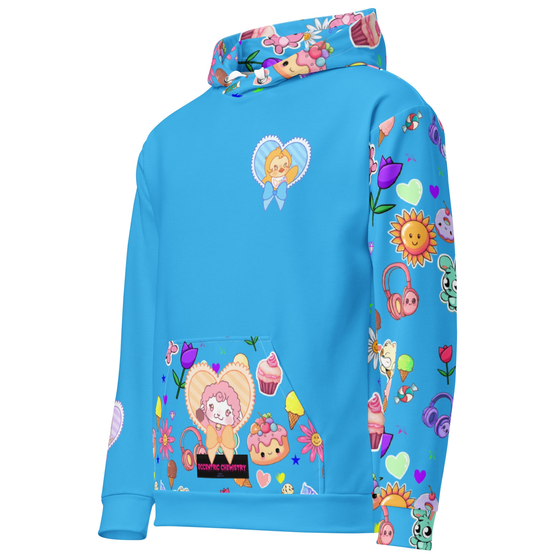 All-over print of a white unisex hoodie with frosted critter design by Eccentric Chemistry's Tiny Shop of T-Shirt Horrors.