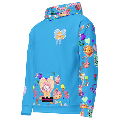 All-over print of a white unisex hoodie with frosted critter design by Eccentric Chemistry's Tiny Shop of T-Shirt Horrors.