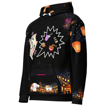 Unisex Festival Cat Field Hoodie with all-over-print design, recycled fabric, white color, front view from Eccentric Chemistry's Tiny Shop